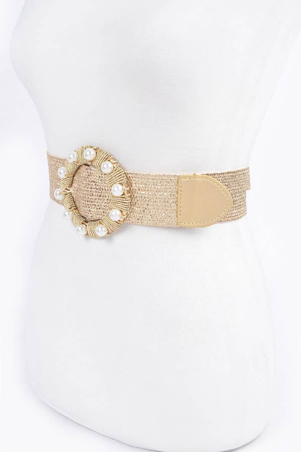 Gold Metallic Stretch Belt w/Pearl Metal Bucklt