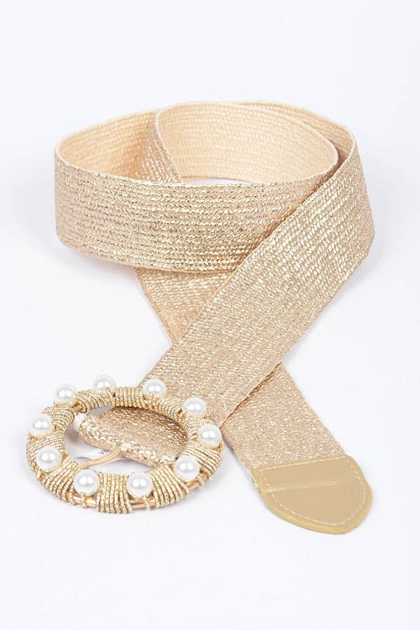 Gold Metallic Stretch Belt w/Pearl Metal Bucklt