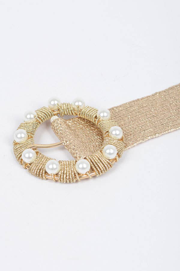 Gold Metallic Stretch Belt w/Pearl Metal Bucklt