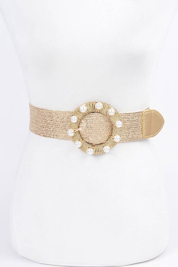 Gold Metallic Stretch Belt w/Pearl Metal Bucklt