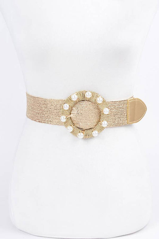 Gold Metallic Stretch Belt w/Pearl Metal Bucklt