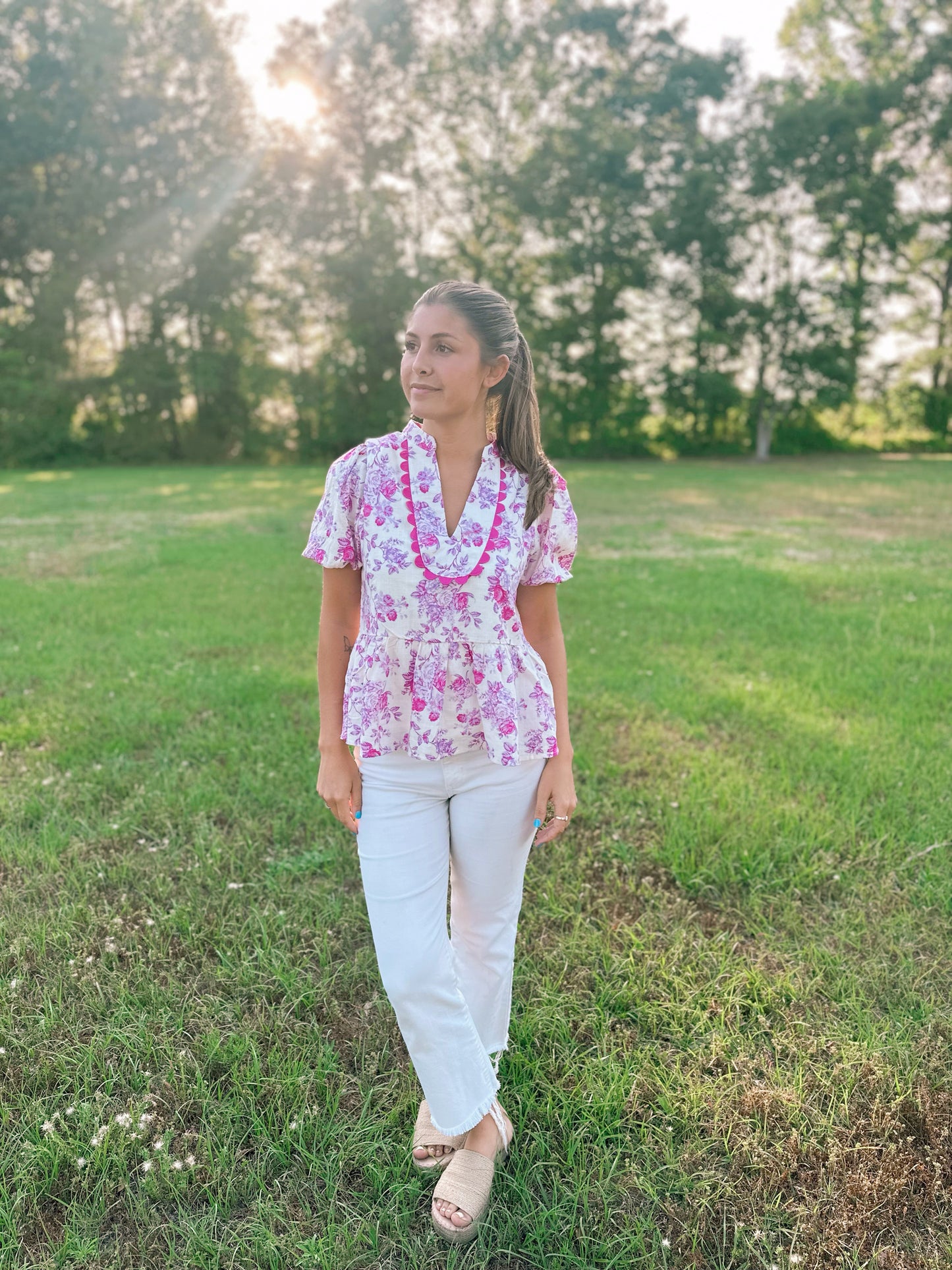 Floral Printed Bubble Sleeves Peplum Top